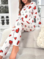Autumn Winter Pajama Set for Women Sleepwear Heart Print Knitted Round-Neck Loose Tops and Elastic Long Pants Loungewear