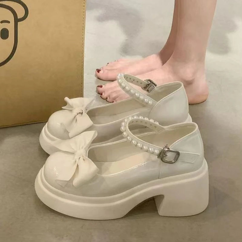 Women's Pearl Bow Platform Mary Jane Shoes Chunky Block Heel Sweet Lolita Japanese Style Casual Dress Shoes