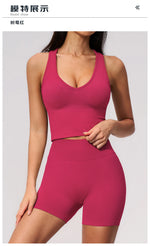 Seamless Gym Yoga Sets Women Breathable I-shaped Shock-absorbing Slim Sports Tank Top High Waist Shorts Training Fitness Suit