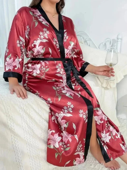 Large size sleepwear women's long imitation silk sexy nightgown set, fashionable and casual loose printed sleepwear 2-piece set