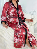 Large size sleepwear women's long imitation silk sexy nightgown set, fashionable and casual loose printed sleepwear 2-piece set