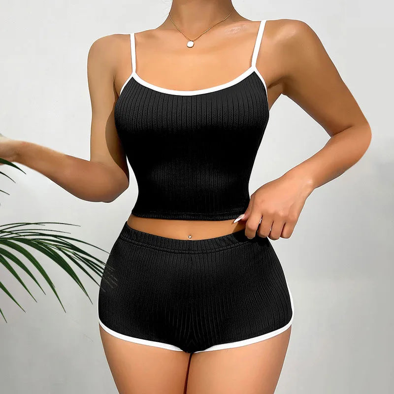 2026 New Women's Sleepwear and Home Wear Set Slim Fitting Camisole Shorts Casual and Comfortable Vest Sports Shorts 2-Piece Set