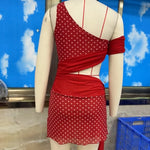 Women's Sexy One Shoulder Red Polka Dot Mini Dress Sheer Mesh Cutout Tie Waist Party Club Dresses