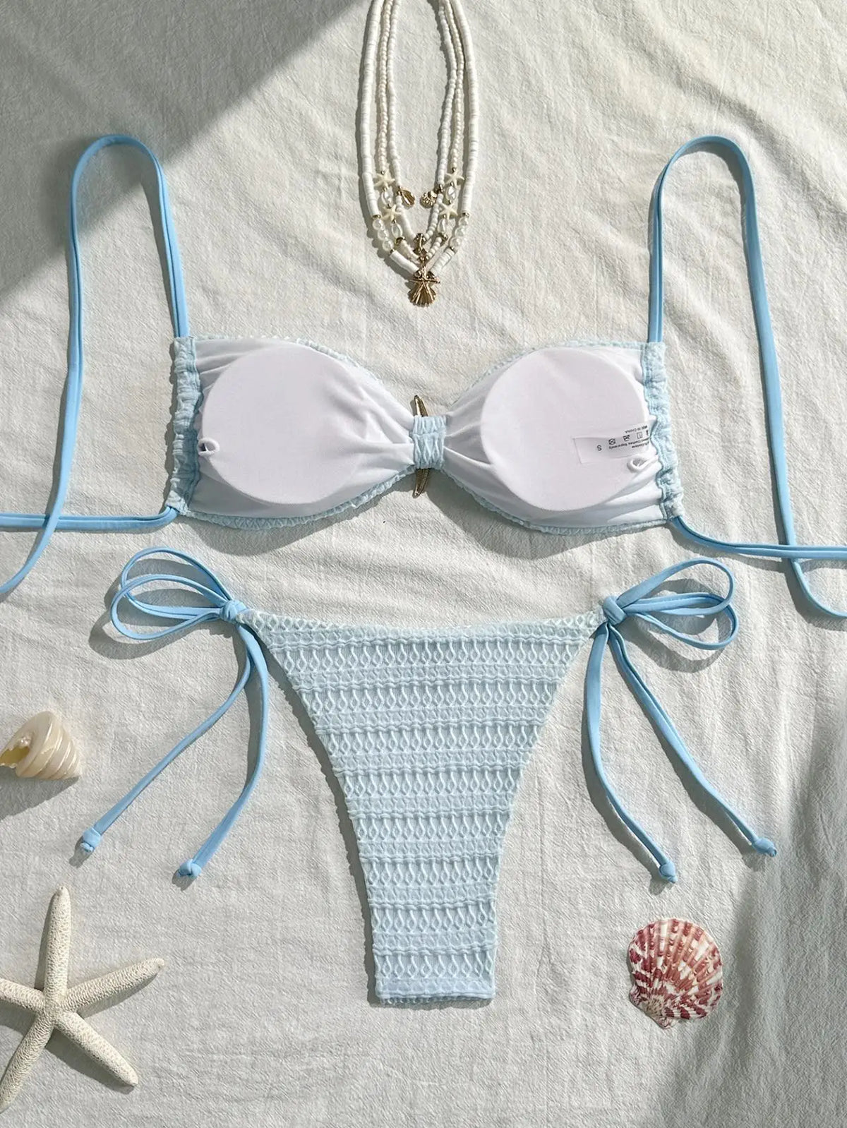 Sexy Sky Blue Micro Bikini 2026 Women Metal Starfish Ornament Pleate Push Up Tie Side Thong Swimsuit Beach Bathing Suit Swimwear