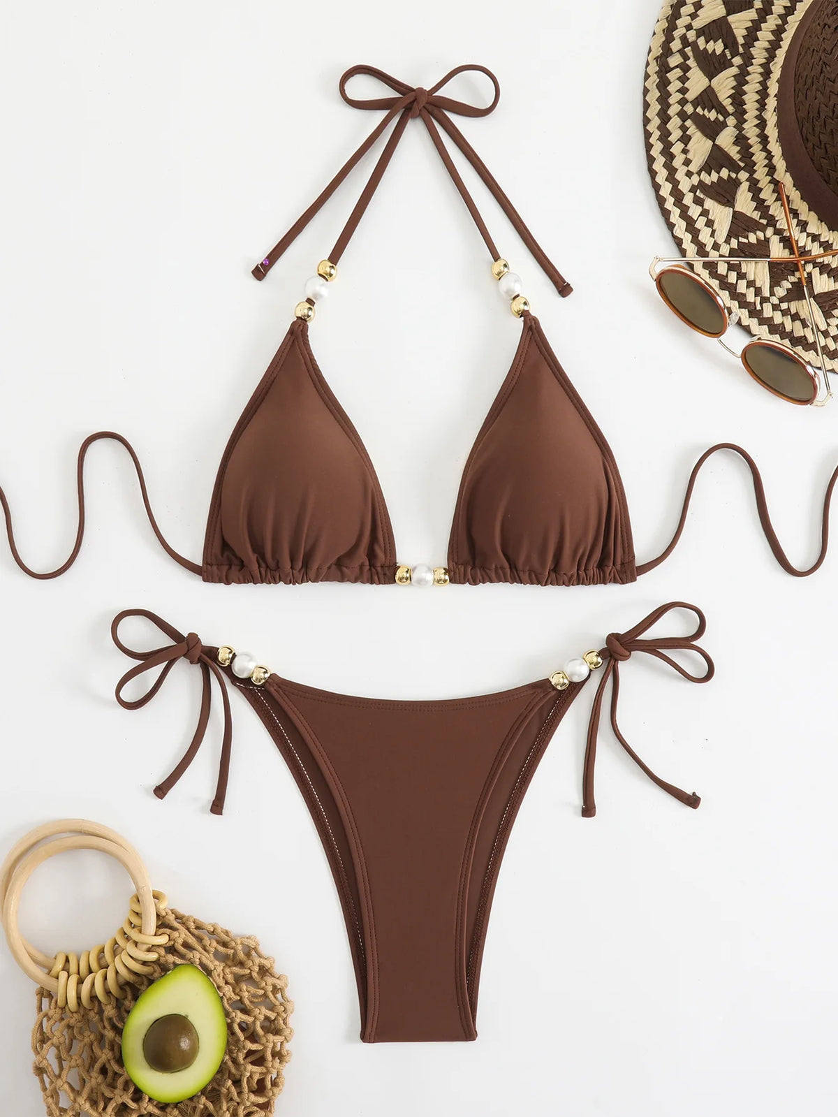 DEKA Dark Brown Bikini Set Triangle Women Pearls Strap Push Up Bandage Thong Swimsuit Brazilian Bathing Suit Micro Swimwear