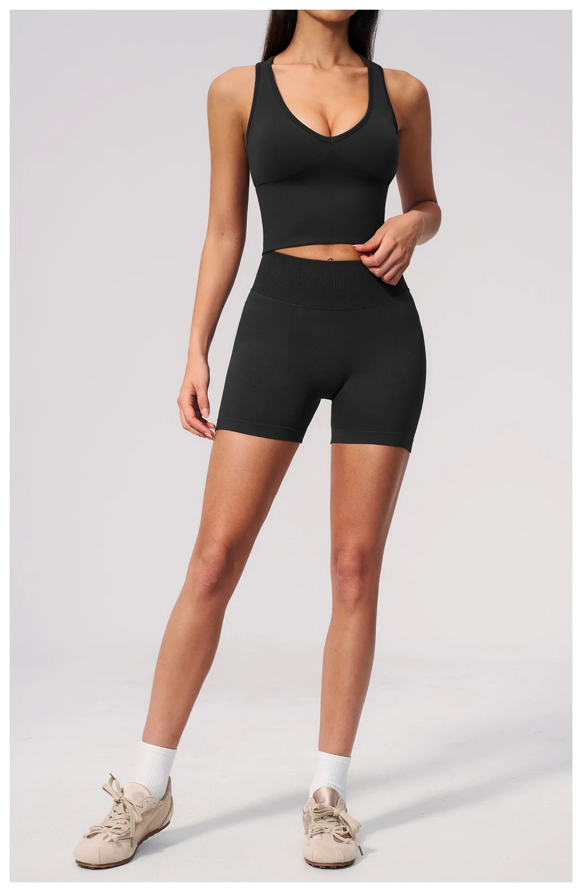 Seamless Yoga Sets Women Breathable V Neck Shockproof Sports Vest Fitness Suit Outwear High Waist Shorts Training Fitness Suit