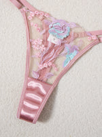 French Romantic Pink Satin Embroidered Lingerie Set Bra + Thong + Stockings Three-Piece Set