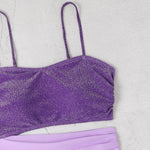 New Shiny Purple Contrast Swimsuit 2025 Women Halter Hollow Out Patchwork One Piece Swimwear Beach Bathing Suit Pleate Monokini