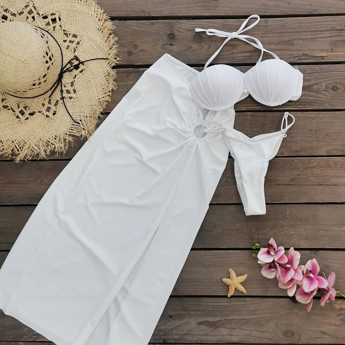 Sexy Shell Bikini Set With Skirt Women Two-Pieces Swimsuit 2024 New High Fork Skirt Set Biquini Swimwear For Girl Clothing