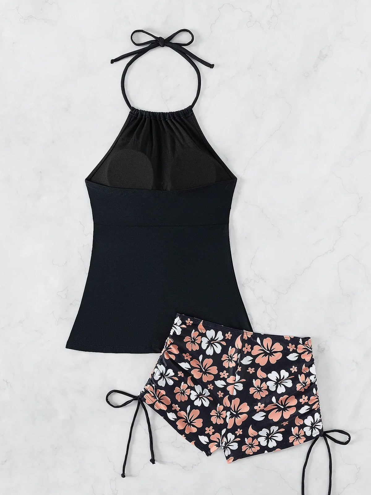2026 Women's Bikini 2-piece Swimwear Tankini Set Sexy Halter Black Bathing SuitFloral Print Drawstring High Waist Swimsuit