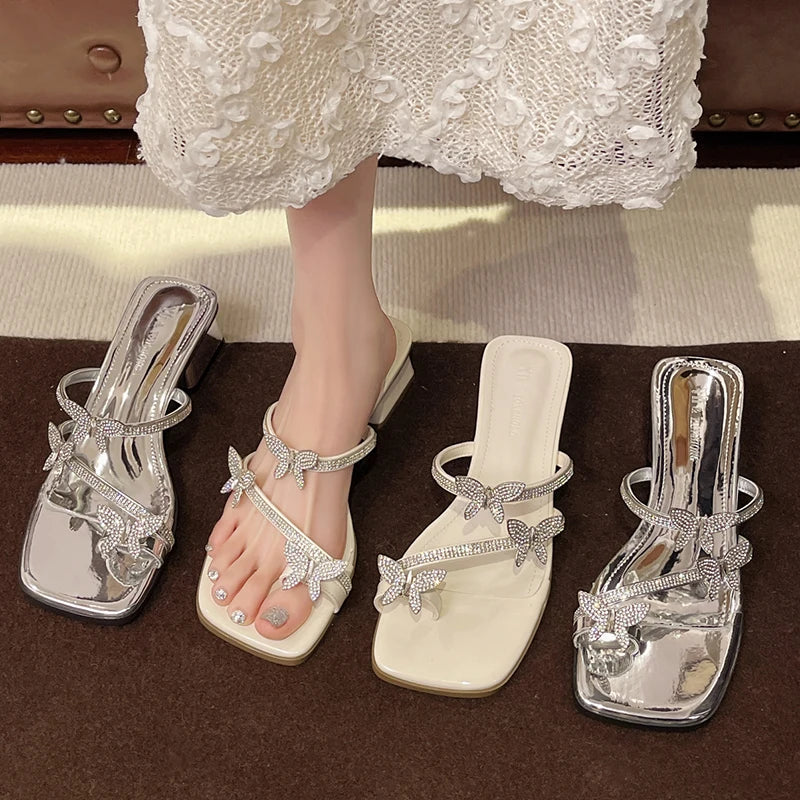 2025 Fashion Silver Crystal Sandals Women Rhinestone Butterfly Thick Heel Sandles Woman Summer Med Heeled Party Shoes Female