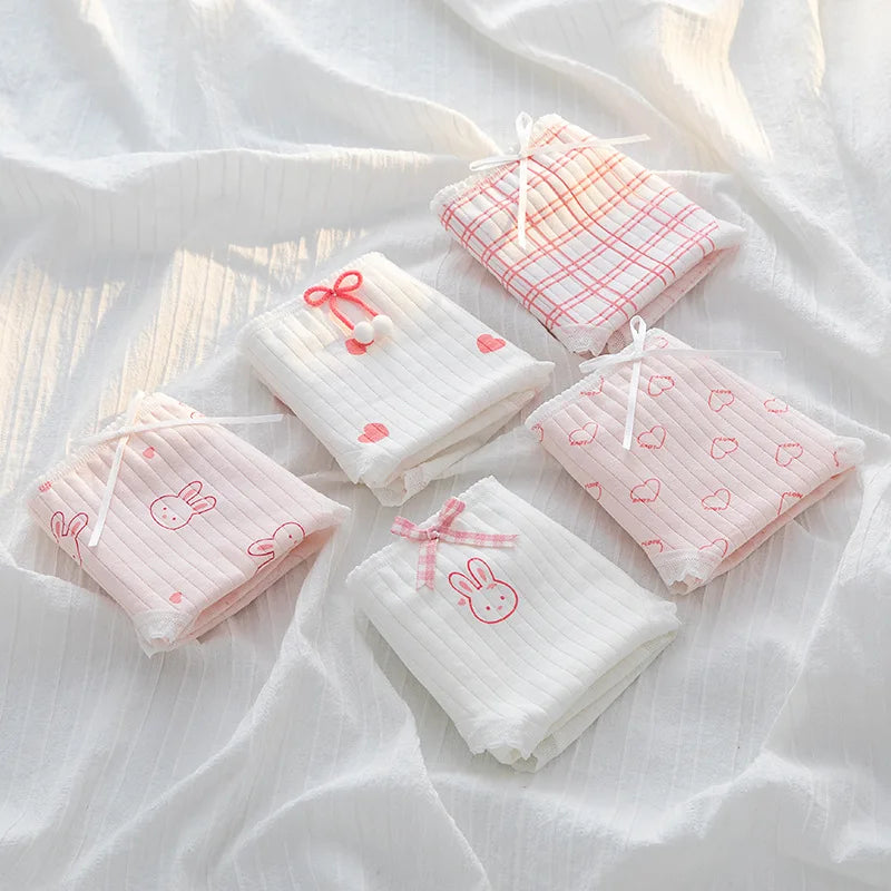 5Pcs/Set Cute Rabbit & Heart Briefs Women's Sweet Style Cotton Panties Mid-Rise Breathable Underwear Cotton Lingerie M-XL