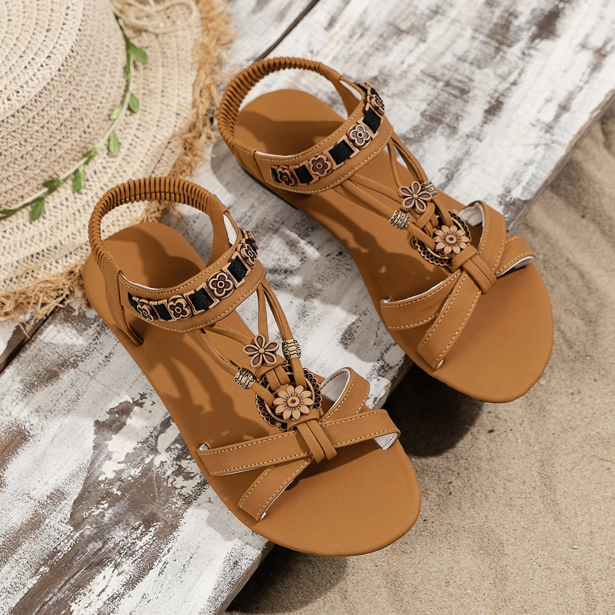 Flower Beaded Bohemian Sandals for Women Summer Roman Style Comfortable Flat Sandals Woman Lightweight Non Slip Beach Shoes