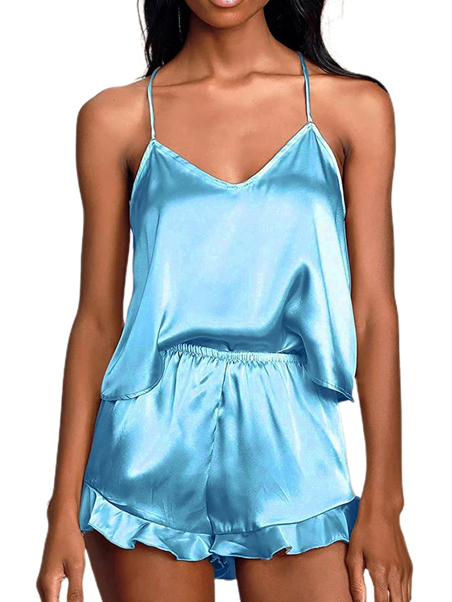 2 Piece Sets Women Nightwear Solid Color Sleeveless Camisole Tops + Ruffle Shorts Sets Summer Pajama Set Loungewear