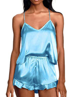 2 Piece Sets Women Nightwear Solid Color Sleeveless Camisole Tops + Ruffle Shorts Sets Summer Pajama Set Loungewear