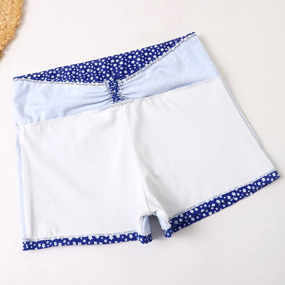 High Waist Bikini Swimsuit Women 2024 Floral Print Swim Suits Drawstring Front Shorts Boxers Swimwear Trunks Pool Bathing Suit