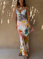 Summer New Print Spaghetti Strap Dress Women Summer New Fashion Sexy Deep V-neck Slim Dresses Vacation Style Bodycon Vestidos