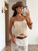 Women Tassel Hem Tank Tops Halter Open Back Sleeveless Shirts Summer Crochet Knit Crop Vest for Vacation Beach