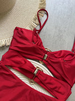 Sexy Red One Piece Swimwear Women Removable Shoulder Strap Ring Linked Bikini Monokini 2026 Backless Hollow Out Beach Swimsuit