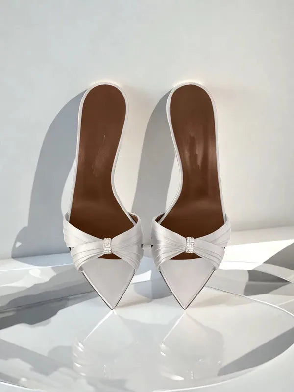 Women Satin Twisted Strap Mule Sandals Square Toe Stiletto High Heels Elegant Slip On Wedding Evening Dress Heeled Slippers