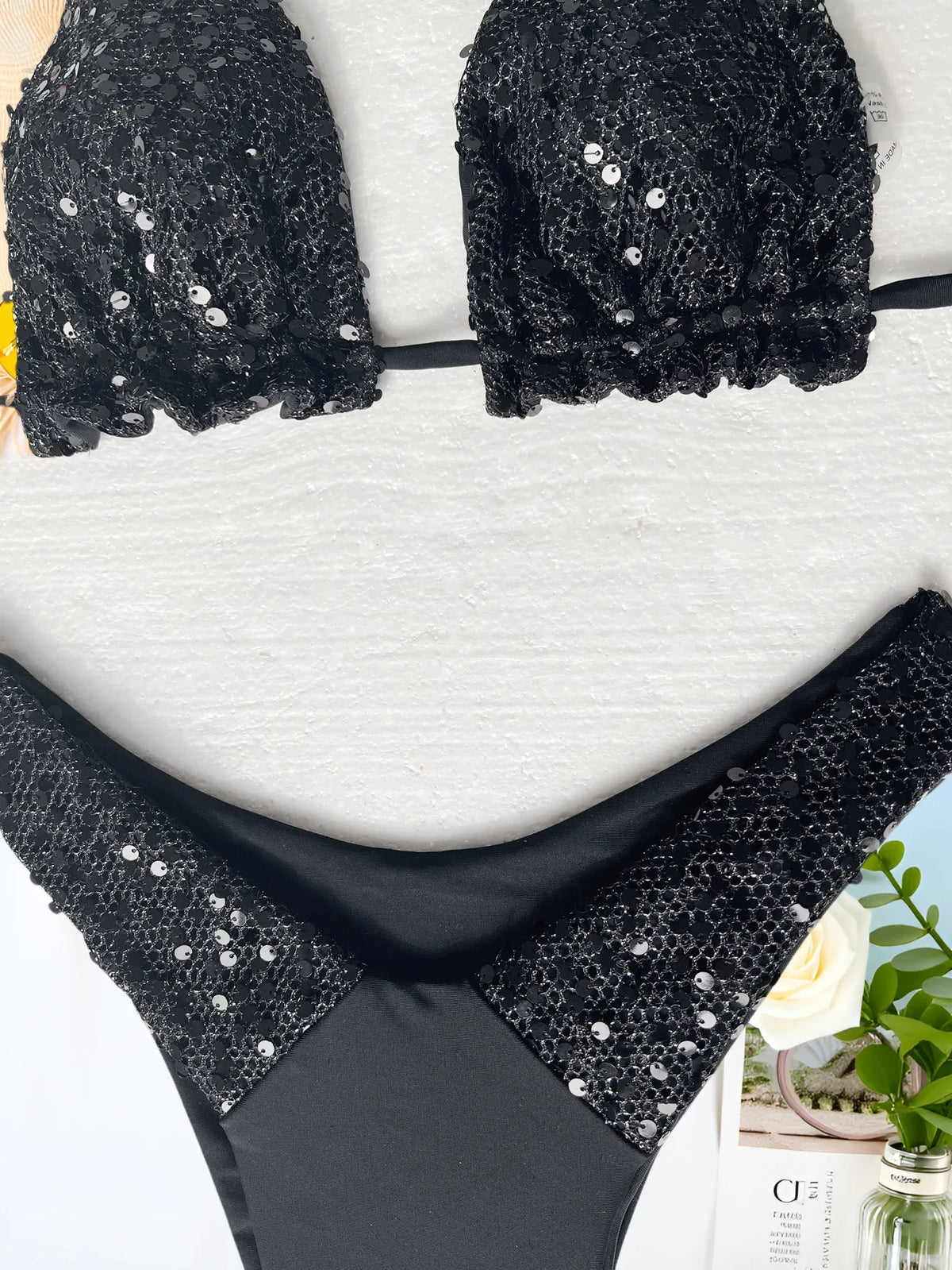 sexy black sequine gillter mini bikinis sets two pieces swimsuit thong bathing suit Swimwear Biquini conjunto de bikini tankini