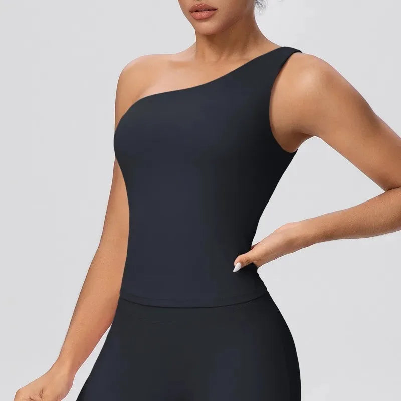 Women Seamless Cloud Feel One-Shoulder Waist-Cinching Yoga Vest Quick-Dry Slimming Sports Shaping Underwear Running Fitness Top
