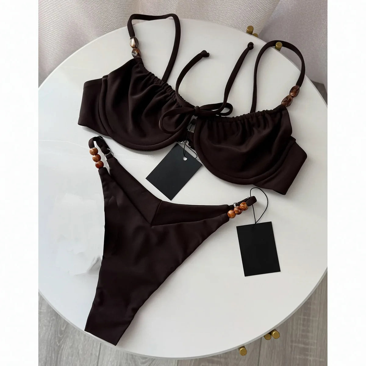 New Fashion Women Sexy Underwire Padded Swimsuit Bead Decor Lace-up Backless Micro Bikini Beachwear Push Up Low Waist Swimwear