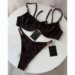 New Fashion Women Sexy Underwire Padded Swimsuit Bead Decor Lace-up Backless Micro Bikini Beachwear Push Up Low Waist Swimwear