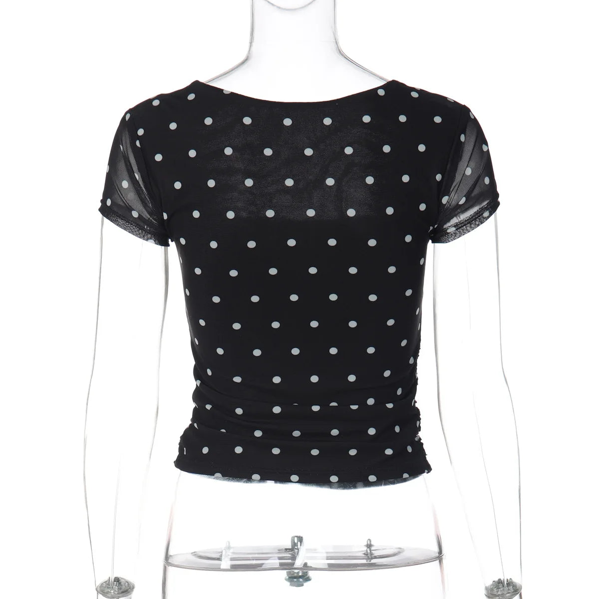 FDYOUI Chic Square Collar Black T-shirts Women's Summer Short Sleeve Polka Dot T Shirt 2026 Girls Clothes Slim Ruched Crop Top