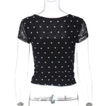 FDYOUI Chic Square Collar Black T-shirts Women's Summer Short Sleeve Polka Dot T Shirt 2026 Girls Clothes Slim Ruched Crop Top