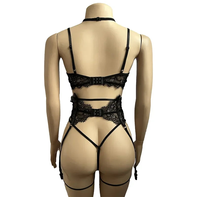 Women's Sexy Lingerie Set - Lace Patchwork See Through Bra & Garter Thongs-2024 Erotic Lingerie Costume