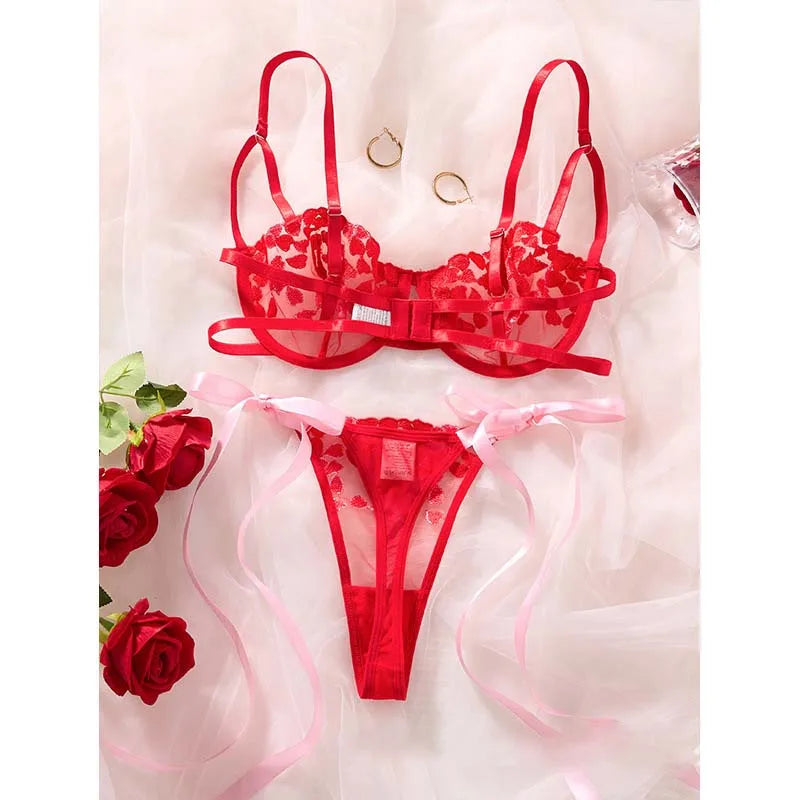 Romantic Honeymoon Lingerie for Women Red Mesh Heart Embroidery Sexy Transparent Underwear Half Cup Underwire Bra&Panty Set