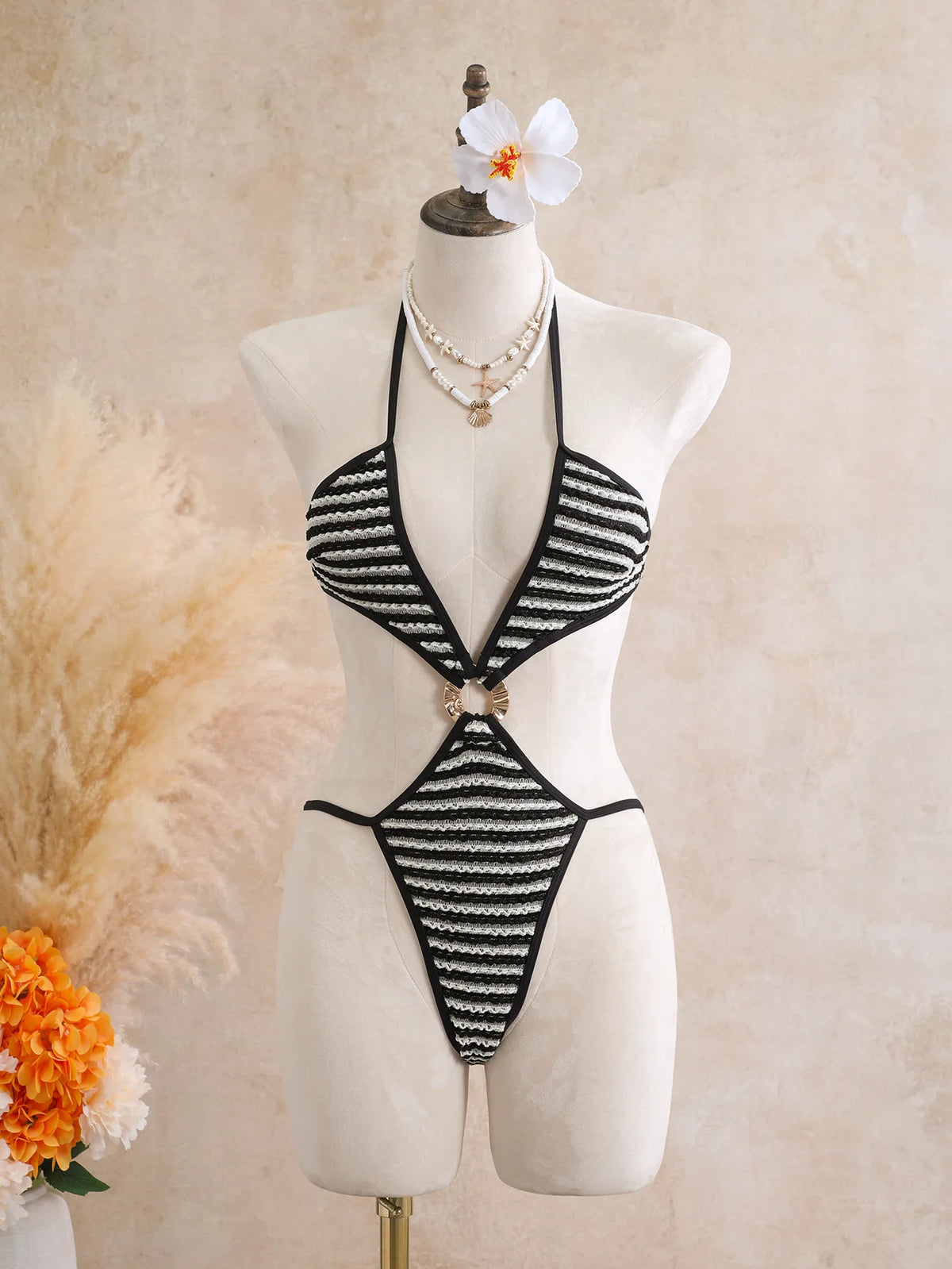 Sexy Black Stripe Knitted One Piece Swimwear Skirts Sets 2026 Women Metal Circle Hollow Out Backless Bathing Suit Thong Swimsuit