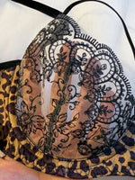 Black Wild leopard print patchwork lace lingerie set - Hot girl style netted embroidered half-cup bra thong set ZA825120
