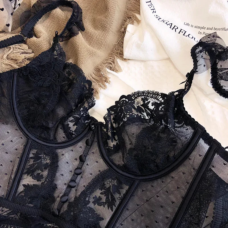 Women's French Lace Lingerie Set Sexy Ultra Thin See Through Bra & Thong Shaping Camisole Embroidery Underwear Set Hot Tushy P P