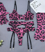 Toucheart Erotic Lingerie Leopard Print 5-piece Set with Gloves and Stockings Tie-dye Printed Sexy Hot Lingerie Suit for Women