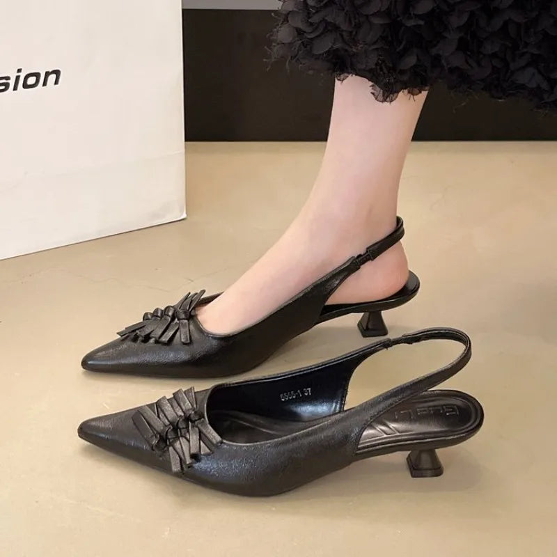 SUOJIALUN Autumn New Women Sandal Fashion Pointed Toe Pleated Ladies Elegant Dress Slingback Shoes Shallow Thin High Heel Pumps