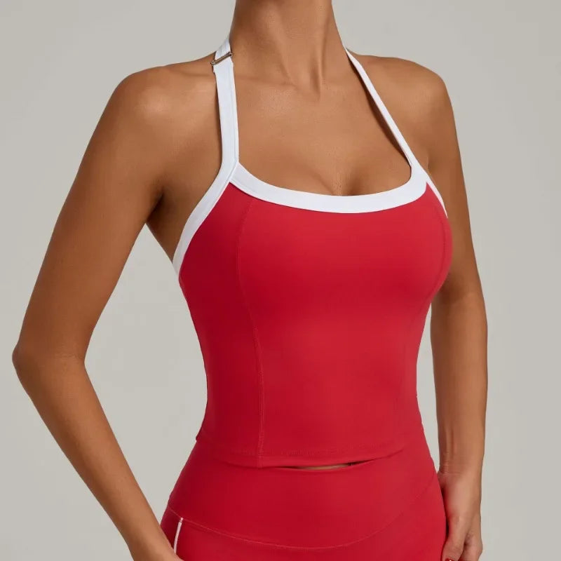 Women's Seamless Yoga Tank Top - Adjustable HALTER Neck & Quick-Dry Fitness Shirt Color Block Running Sports Gym Workout Top