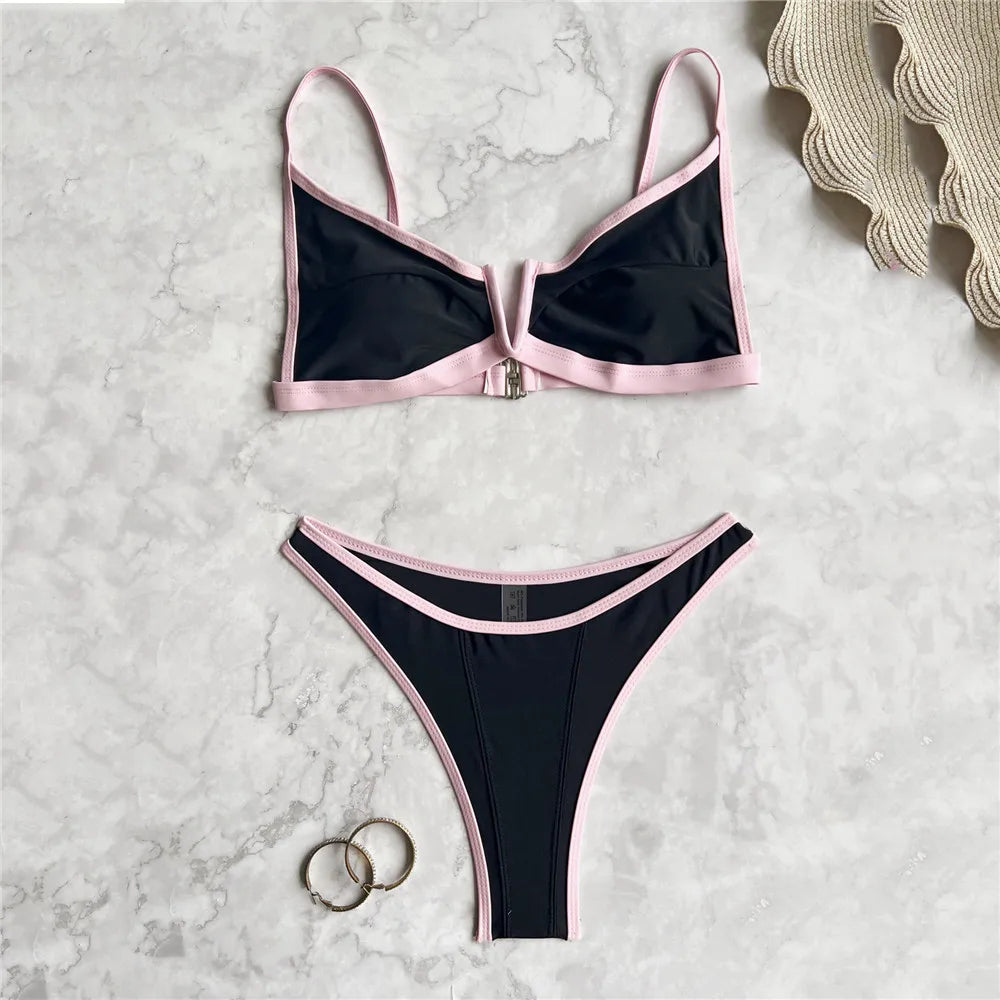 Sexy Black Bikinis Sets Pink Edge Swimwear V Neck Swimsuit Woman 2026 Micro Thong High Cut Bathing Suit Bikinis De Mujer Biquini