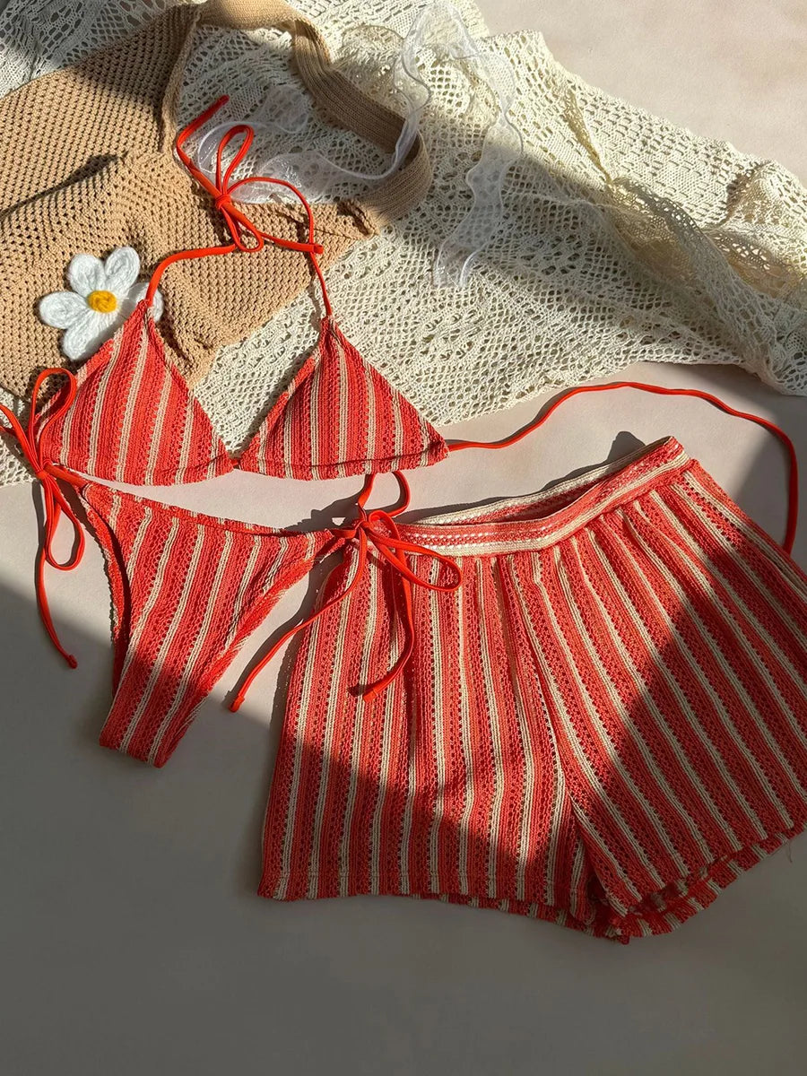 3PCS With Shorts Stripe Halter Fishnet Bikini Women Swimwear Female Swimsuit Three-pieces Bikini Set Bathing Suit Swim Beachwear