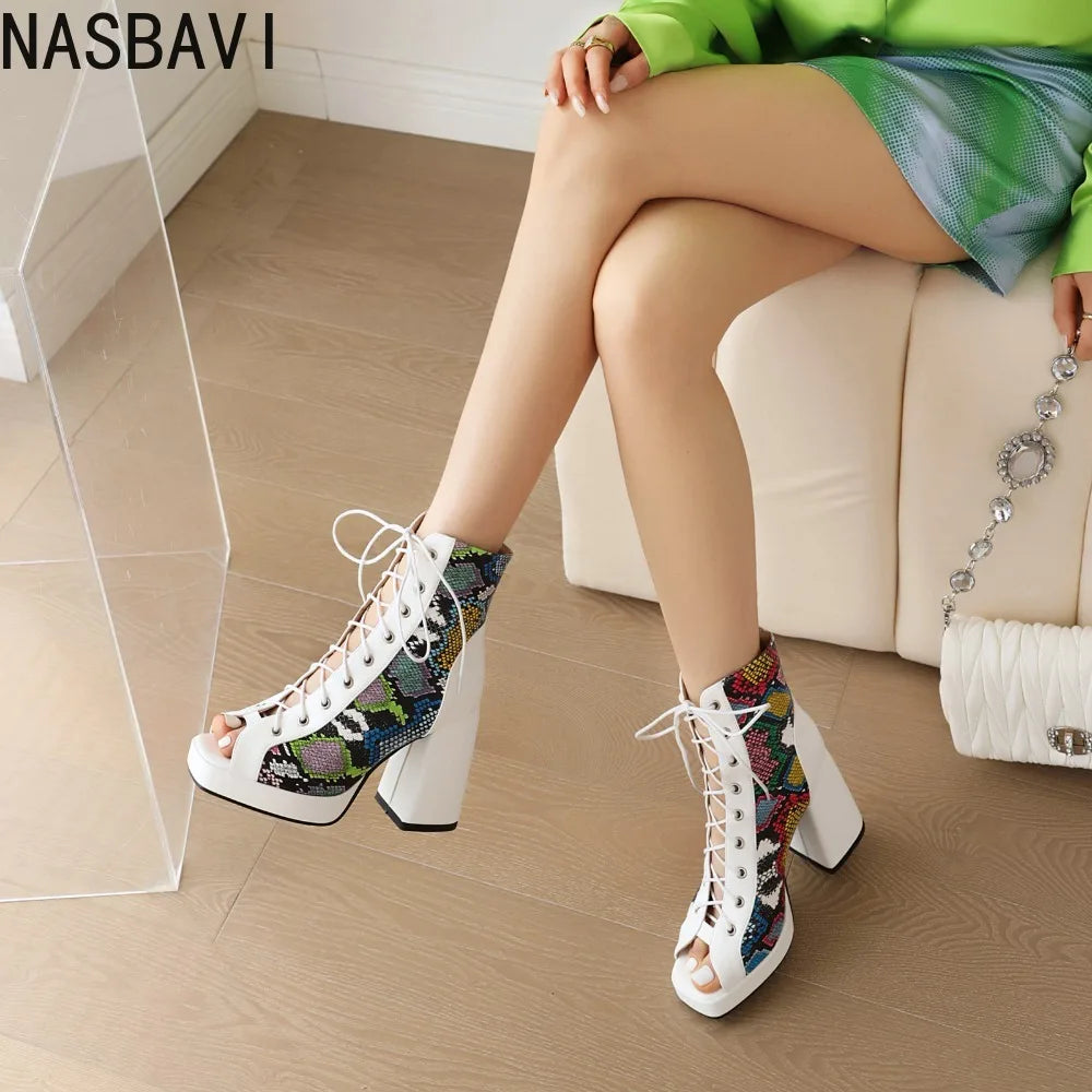 White Floral Embroidered Peep Toe Lace-Up Chunky Block Heel Platform Hollow Out Ankle Sandal Boots for Women