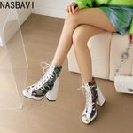 White Floral Embroidered Peep Toe Lace-Up Chunky Block Heel Platform Hollow Out Ankle Sandal Boots for Women
