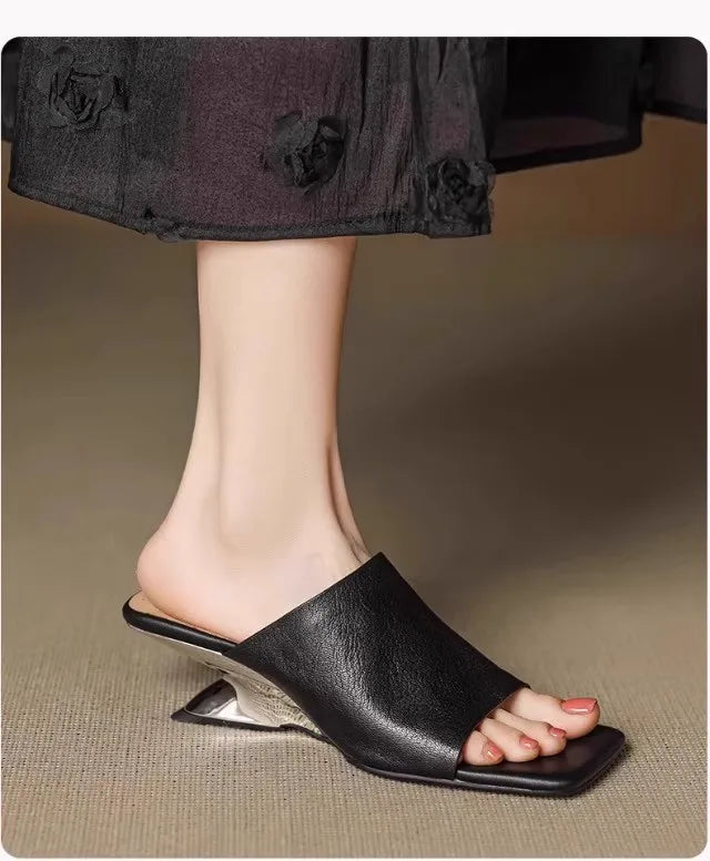 LuxeSquare Toe Slide Sandals Premium Leather One Strap Mules Chunky Sole Backless Loafers Dressy Casual Summer Shoes