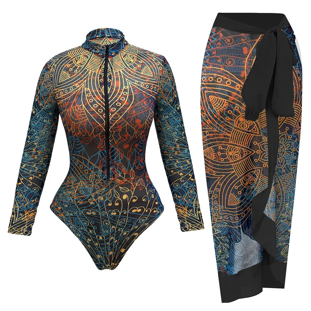 S - XXL New Printed Long Sleeve With Pants Sarong Shorts Women Swimwear One Piece Swimsuit Female Bather Bathing Suit Swim V8395