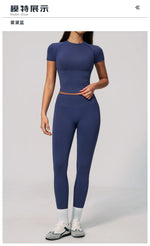 2PCS Women's Tracksuit Seamless Yoga Set Short Sleeve O Neck Workout T Shirts Fitness Suit Tight Hip Lifting Leggings Gym Sets