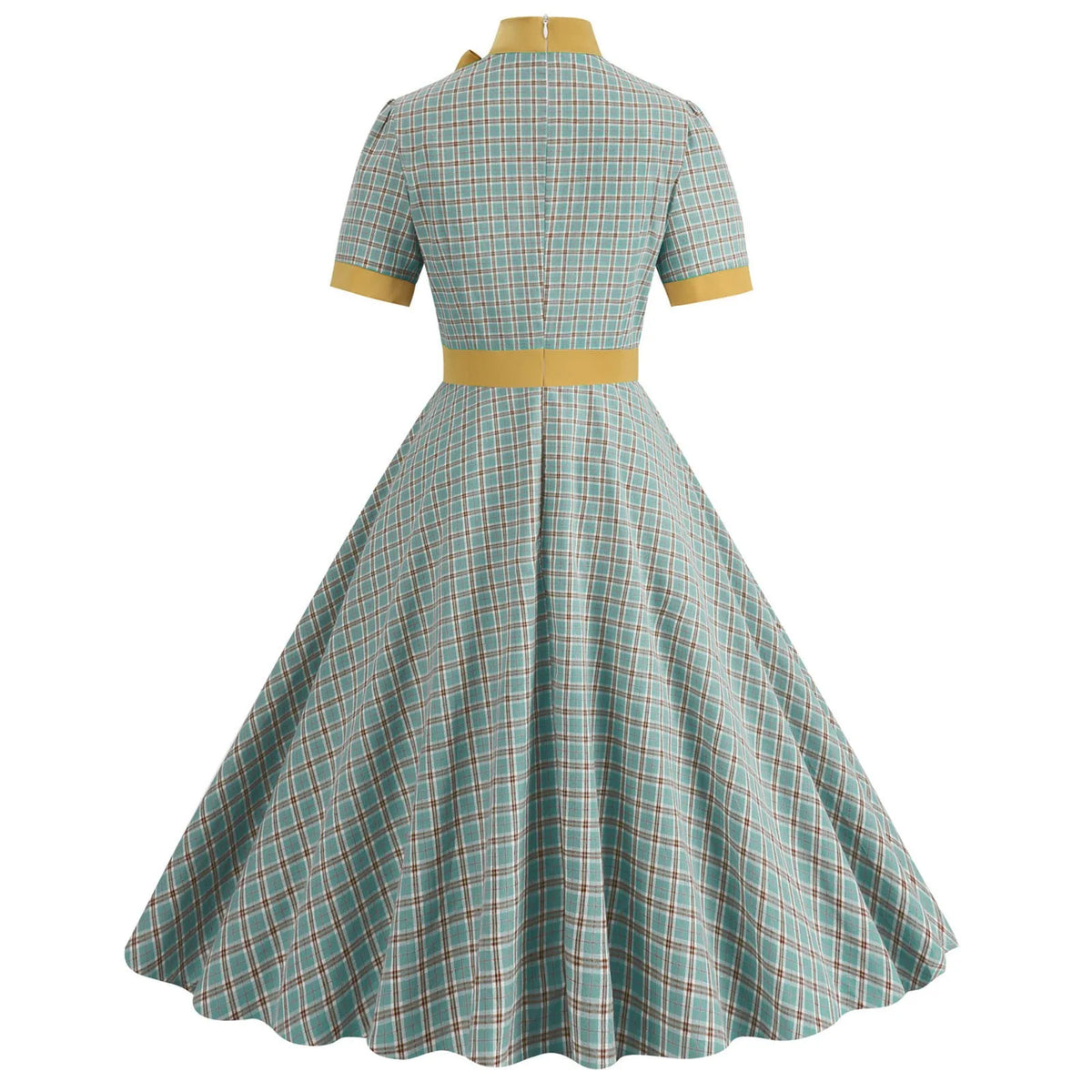 Retro Women's Plaid Dress Stand Neck Short Sleeve Cotton Dresses Lace Up Bow Tie Pleated Swing Vestidos Vintage Court Dresses