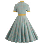 Retro Women's Plaid Dress Stand Neck Short Sleeve Cotton Dresses Lace Up Bow Tie Pleated Swing Vestidos Vintage Court Dresses
