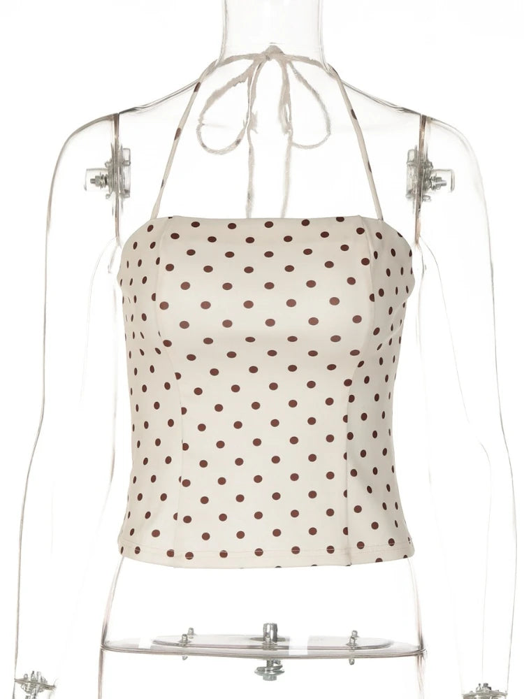 FDYOUI Sexy Halter Neck Polka Dot Tank Tops 2026 Women Lace-up Backless Slim Corset Camisoles Ladies Summer Crop Top Streetwear