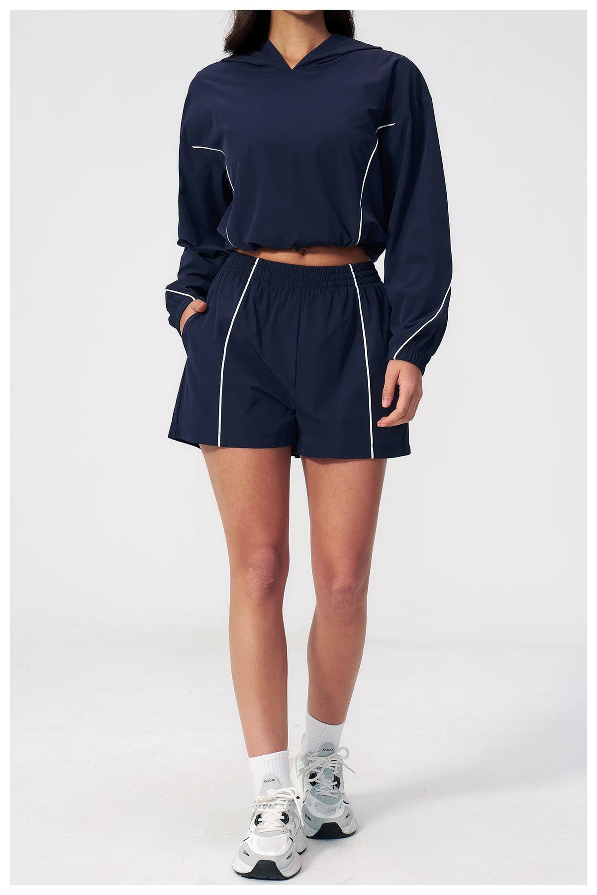 Summer Sun Protection Yoga Suit Women Contrasting Colors Long Sleeve Hoodies Top High Waist Shorts Running Fitness Athletic Wear