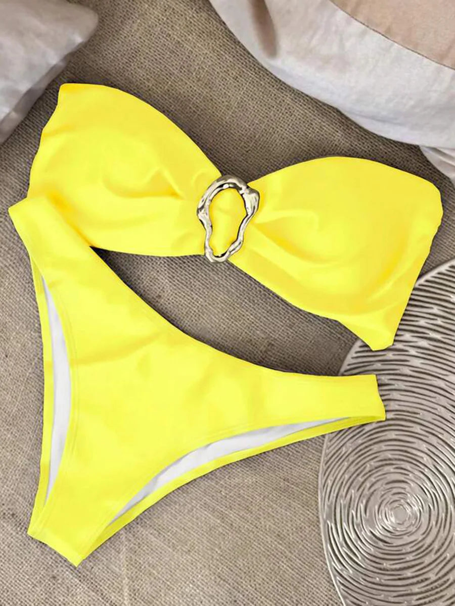 XS - L Metal Ring Bandeau Bikini Women Swimwear Female Swimsuit Two-pieces Bikini set Brazilian High Cut Bathing Suit Swim Lady